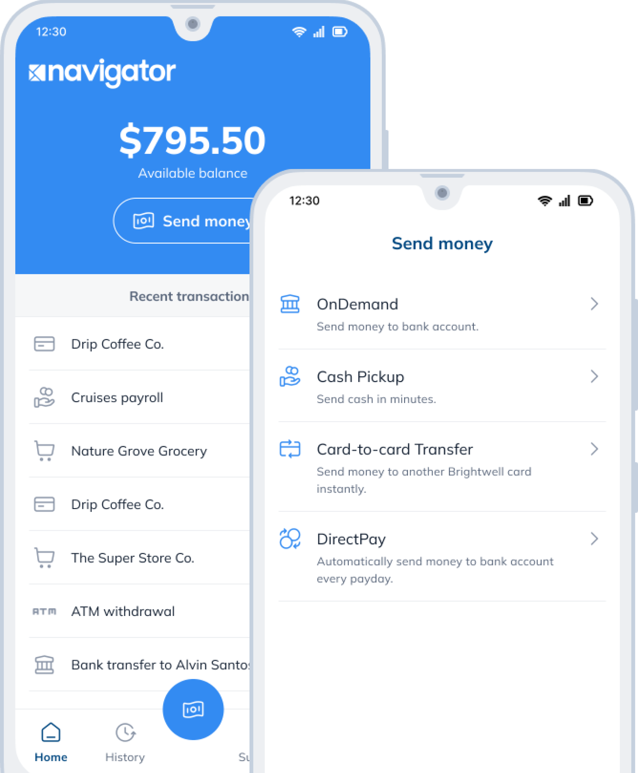 Two iphones with a blue screen and a white screen.