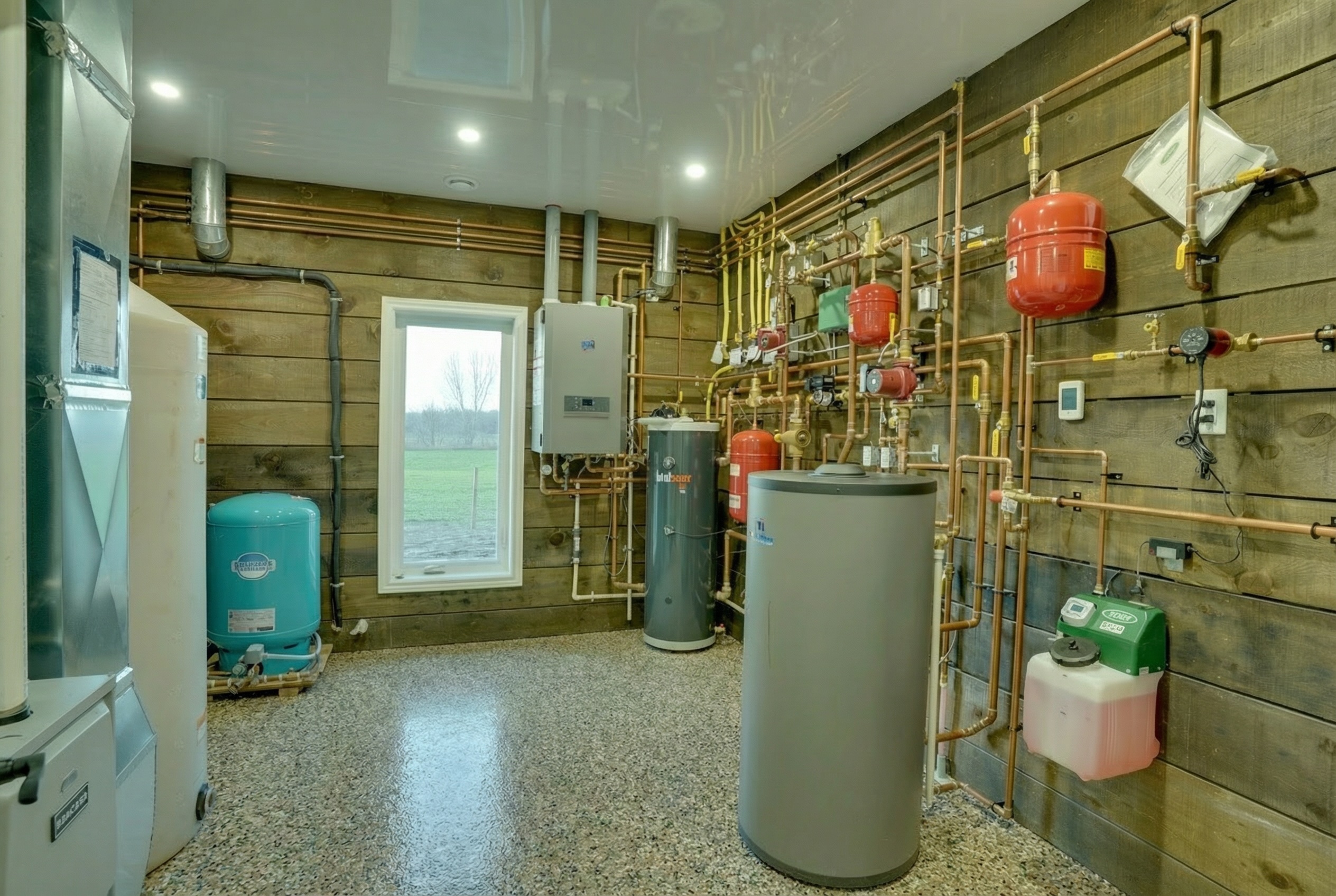 Mechanical room showing radiant heat system copper manifolds and quality infrastructure