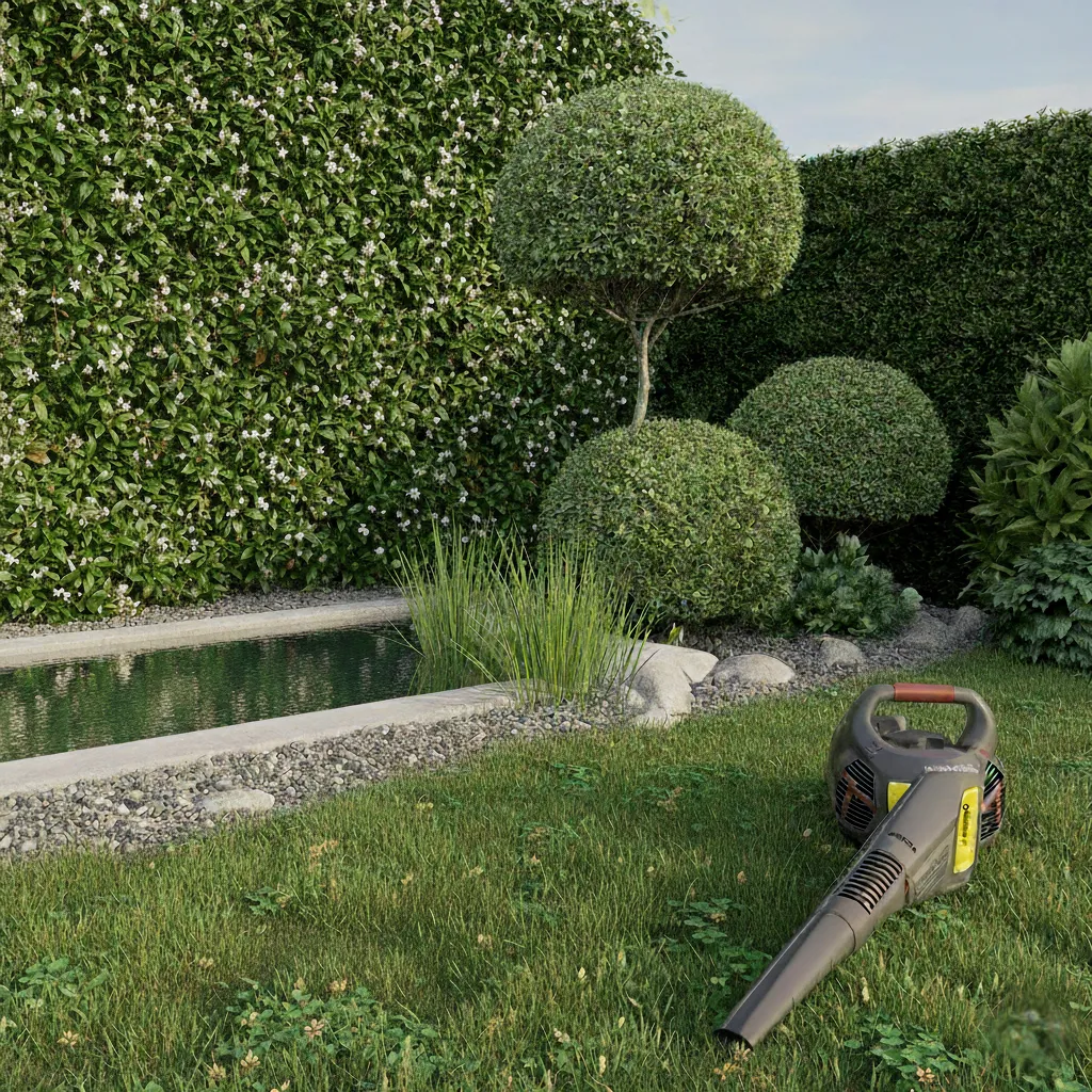 Jardín con césped, setos recortados en formas redondas, un pequeño estanque y un soplador de hojas en primer plano.