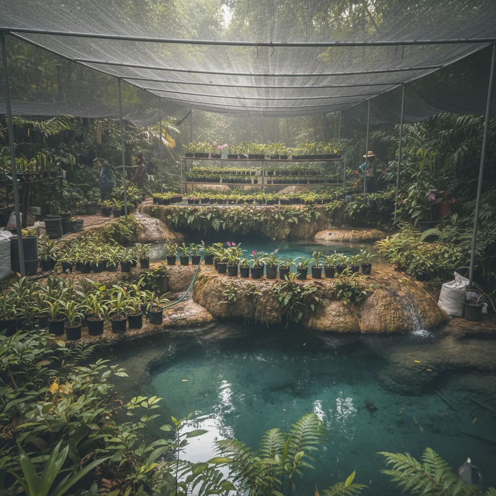 Vivero con plantas en macetas organizadas en niveles sobre rocas alrededor de un estanque con agua clara y cubierta con malla para sombra.