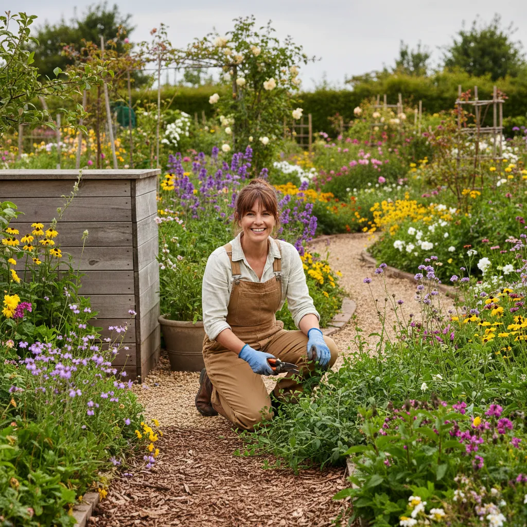 Mujer sonriente con guantes y overol marrón cuidando un jardín lleno de flores coloridas.