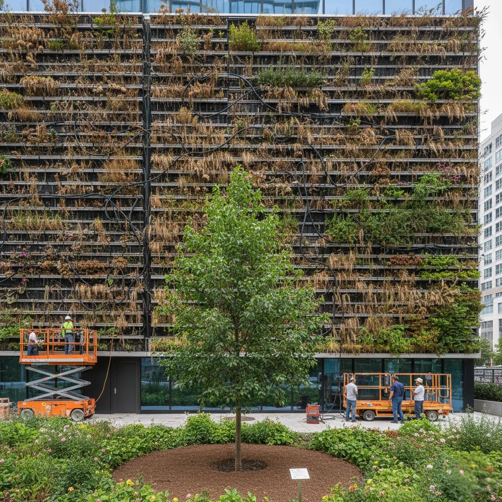 Jardín vertical con plantas secas y verdes en un edificio, con trabajadores en plataformas elevadoras y un árbol frondoso en primer plano.