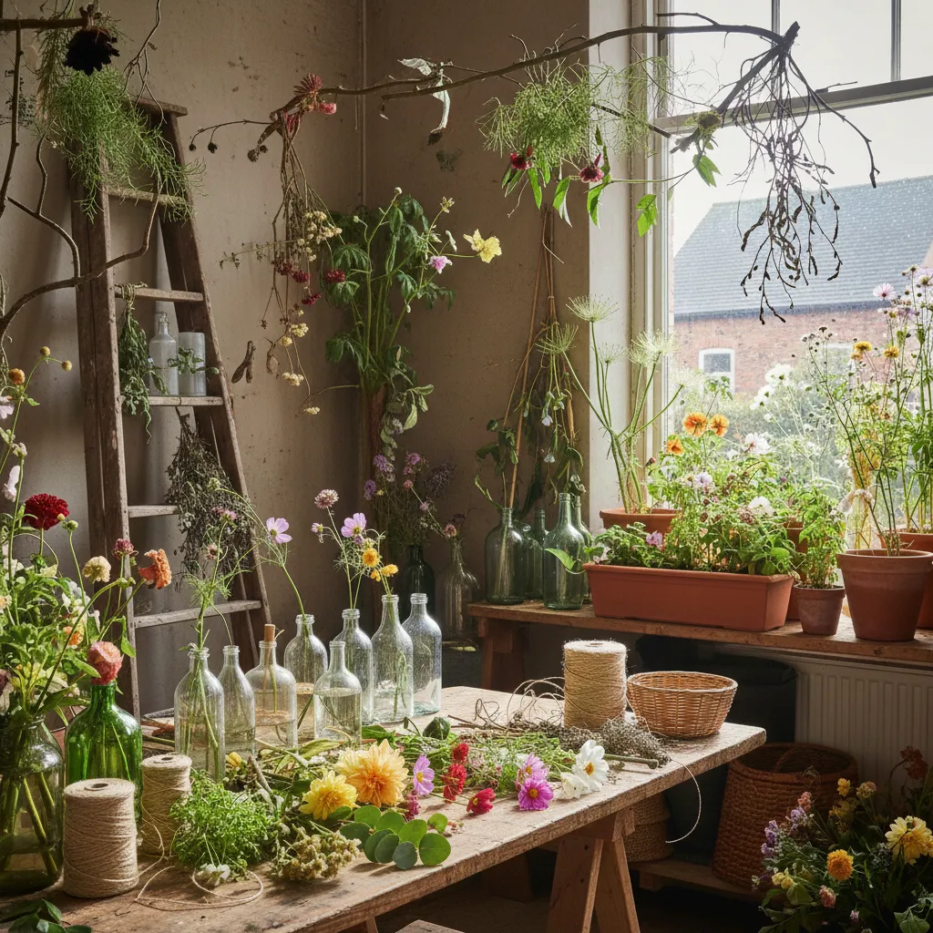 Taller con flores frescas y secas, frascos de vidrio, cuerdas y plantas en macetas junto a una ventana.