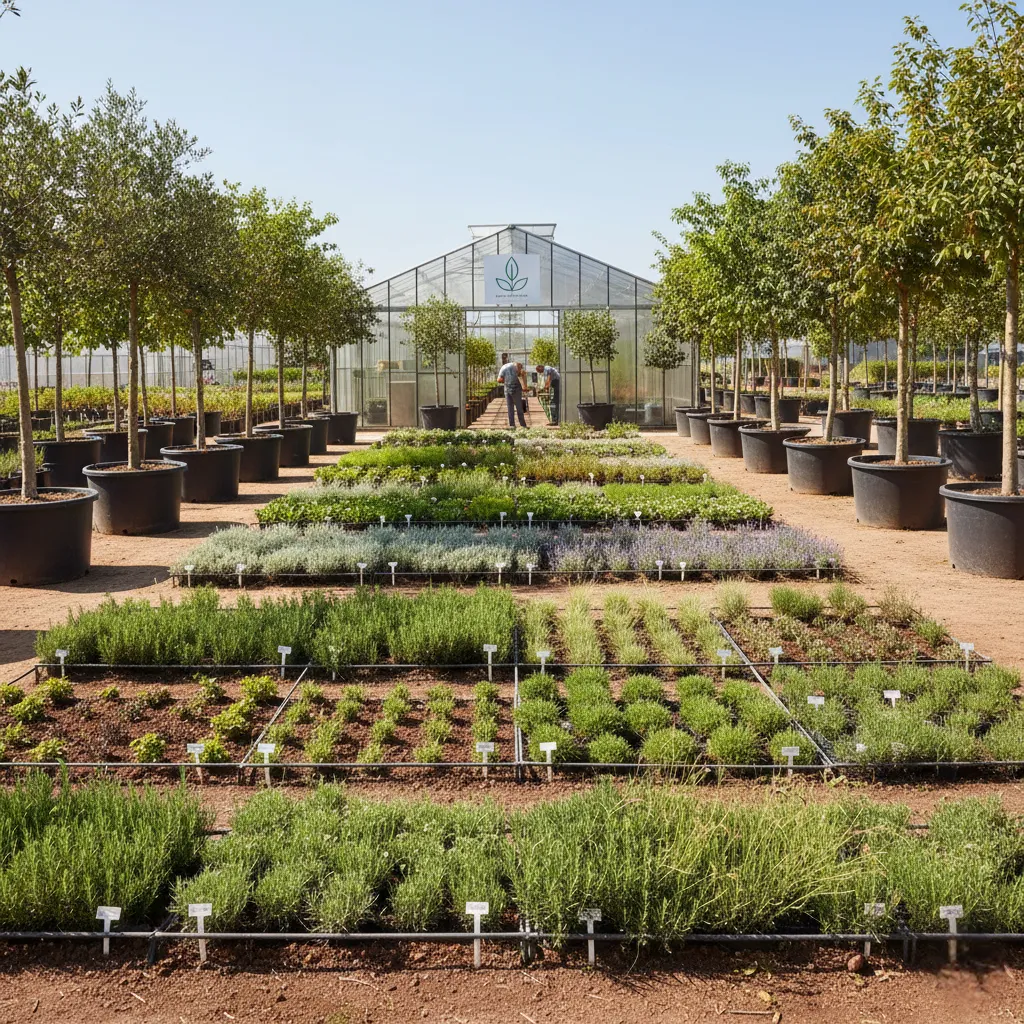 Vista frontal de un vivero con filas de plantas en macetas y parcelas organizadas, con un invernadero al fondo y dos personas trabajando.