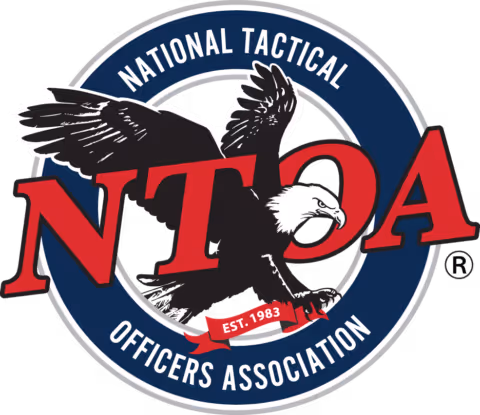 Logo of National Tactical Officers Association featuring a bald eagle with wings spread and red letters NTOA over a blue circular background.