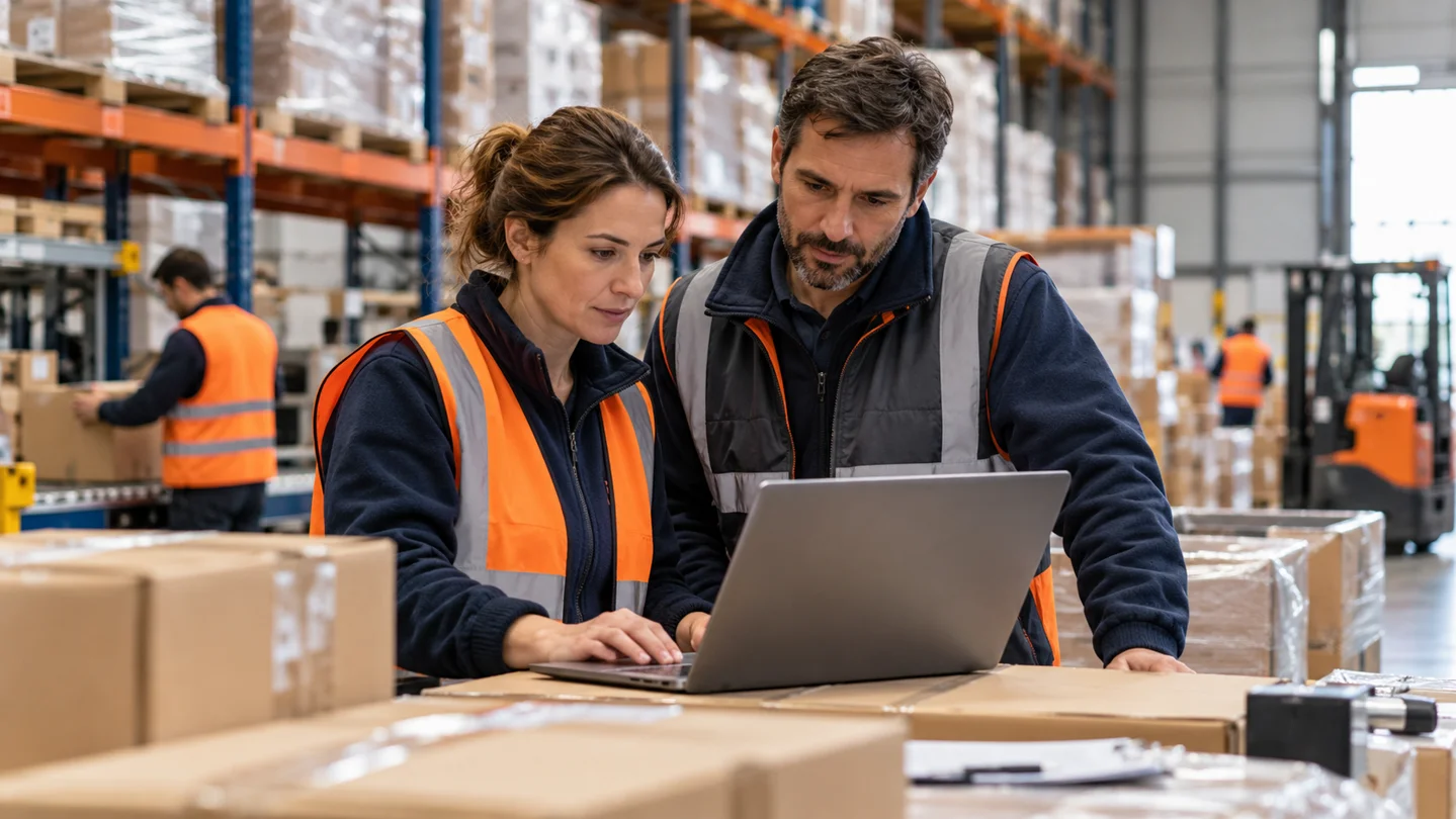 Une coordinatrice logistique et un responsable d’entrepôt vérifient une commande électronique sur ordinateur.