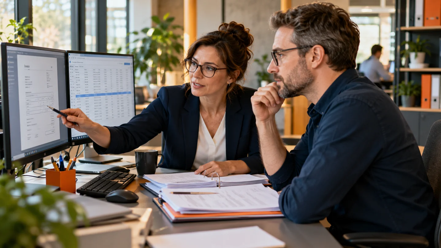 Zwei Fachkräfte für Buchhaltung und IT prüfen gemeinsam Rechnungsdaten am Arbeitsplatz.