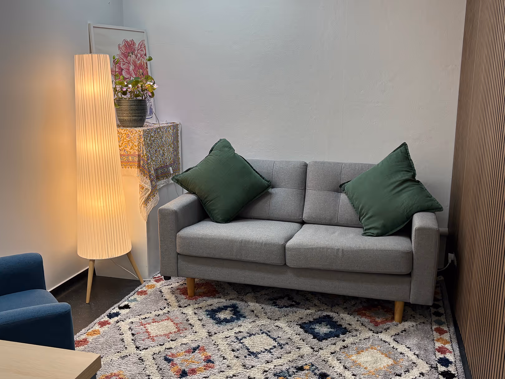 Cozy living room with a gray sofa featuring two green cushions, a patterned rug, a tall floor lamp, and a small side table with a plant and flower artwork.