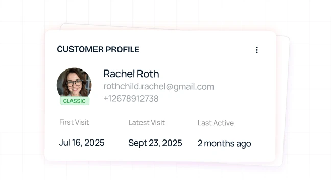 Customer profile card showing Rachel Roth's photo, email, phone number, membership status as Classic, first visit on July 16, 2025, latest visit on Sept 23, 2025, and last active 2 months ago.