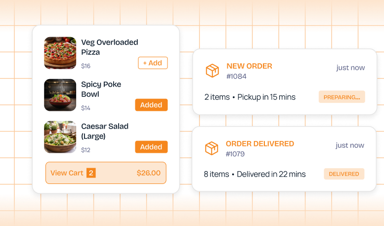 Digital food order interface showing a cart with Veg Overloaded Pizza, Spicy Poke Bowl, Caesar Salad, a view cart button with 2 items totaling $26, and order statuses for new order and delivered order with preparation and delivery times.