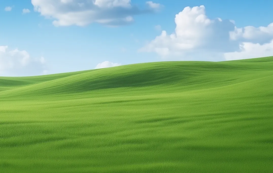 Rolling green grassy hills under a blue sky with scattered white clouds.
