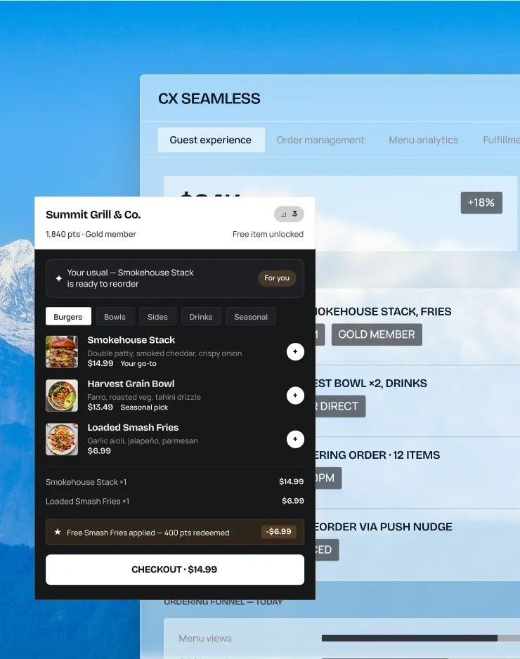 Restaurant app interface showing Summit Grill & Co. menu with options for Smokehouse Stack, Harvest Grain Bowl, and Loaded Smash Fries, including prices and a checkout button.