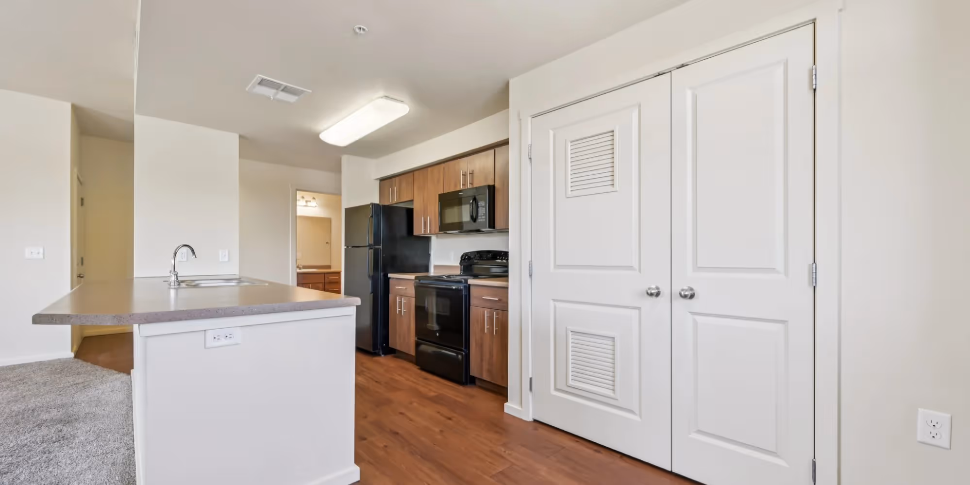 Kitchen with cupboard in view