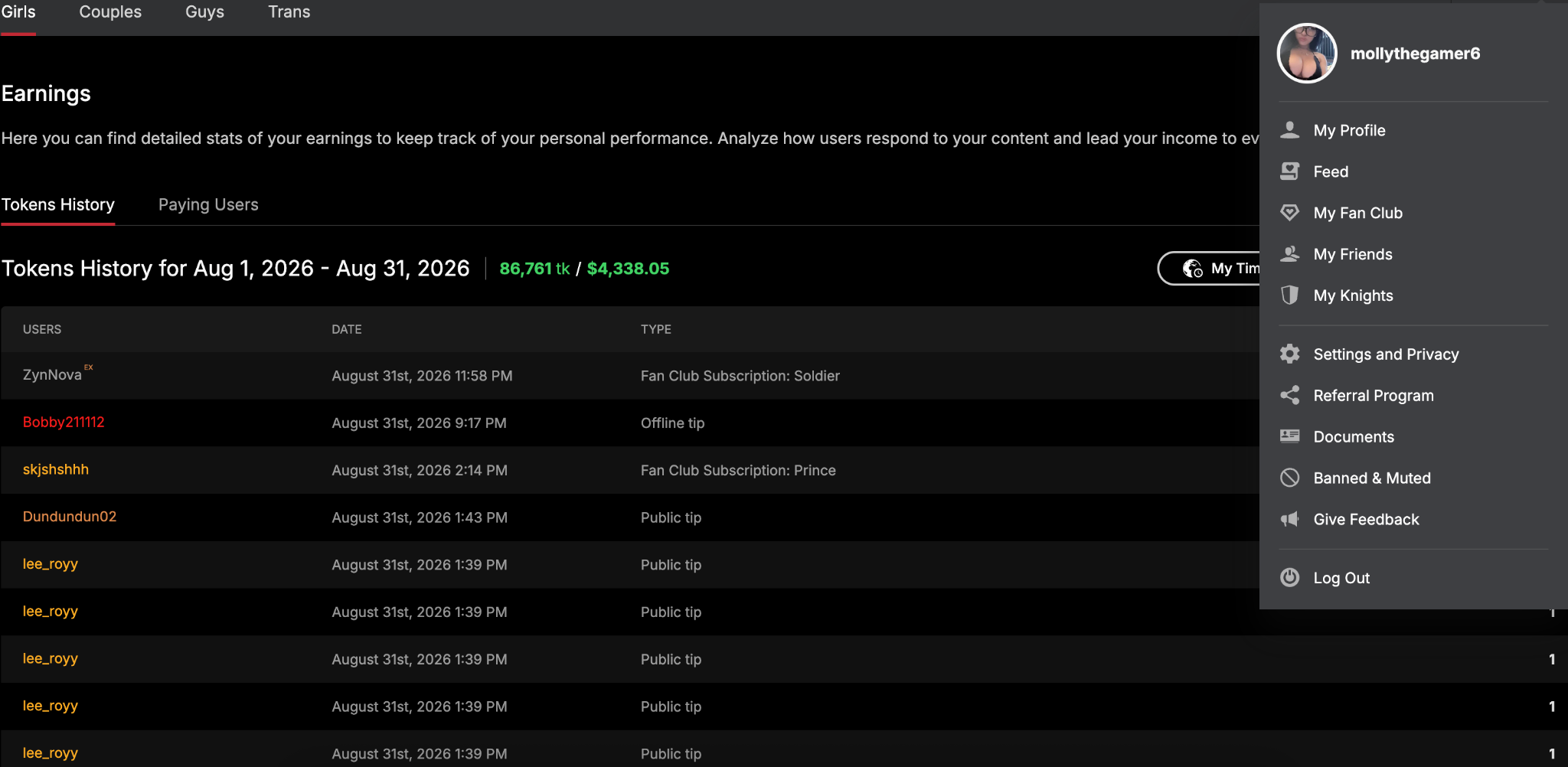 Dashboard screen showing earnings token history from August 1 to August 31, 2026, with total 86,761 tokens earned equaling $4,338.05. Lists users, dates, and types of earnings such as fan club subscriptions and tips. Right side shows profile menu for user mollythegamer6 with options like My Profile, Feed, My Fan Club, Friends, Knights, Settings and Privacy, Referral Program, Documents, Banned & Muted, Give Feedback, and Log Out.
