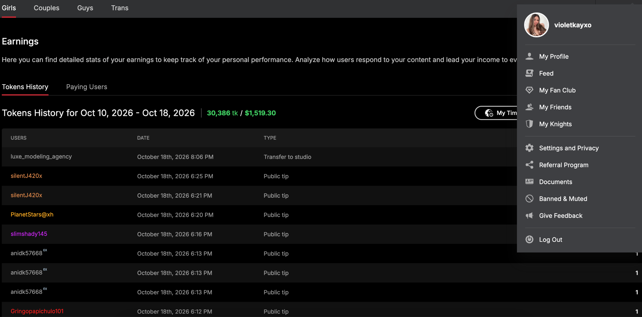 Screenshot of an online dashboard showing earnings details with tokens history from October 10 to 18, 2026, listing multiple user transactions mostly labeled as public tips and one transfer to studio. The top right corner shows a dropdown menu with user profile options including My Profile, Feed, My Fan Club, My Friends, My Knights, Settings and Privacy, Referral Program, Documents, Banned & Muted, Give Feedback, and Log Out.