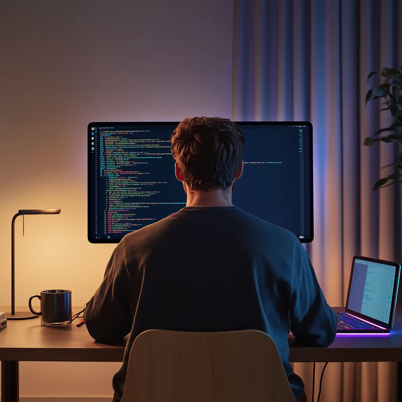 Person working at a desk with a computer displaying software code.