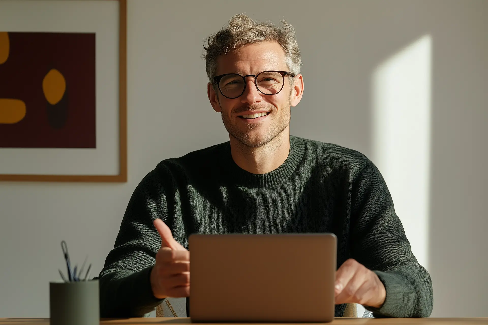 Person wearing glasses seated at a desk with a laptop, giving a thumbs-up gesture.