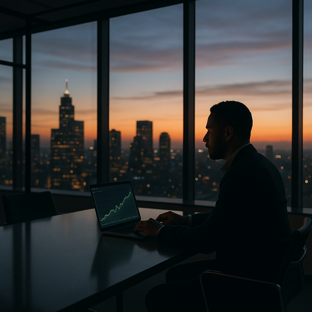 Financial advisor reviewing an investment performance chart in the office.