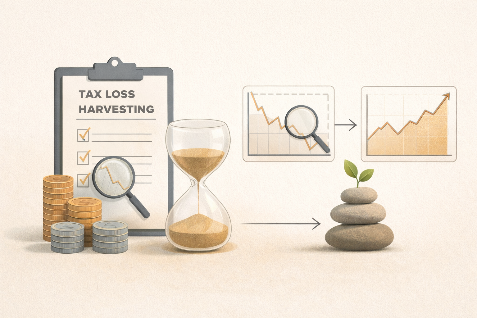 Illustration showing the tax-loss harvesting process using highly correlated replacement assets to maintain portfolio exposure over time.