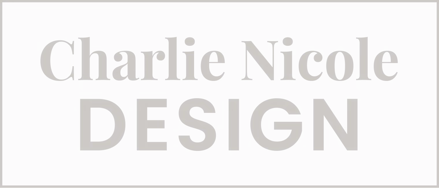 Logo text reading 'Charlie Nicole DESIGN' in a serif font on a light gray background.