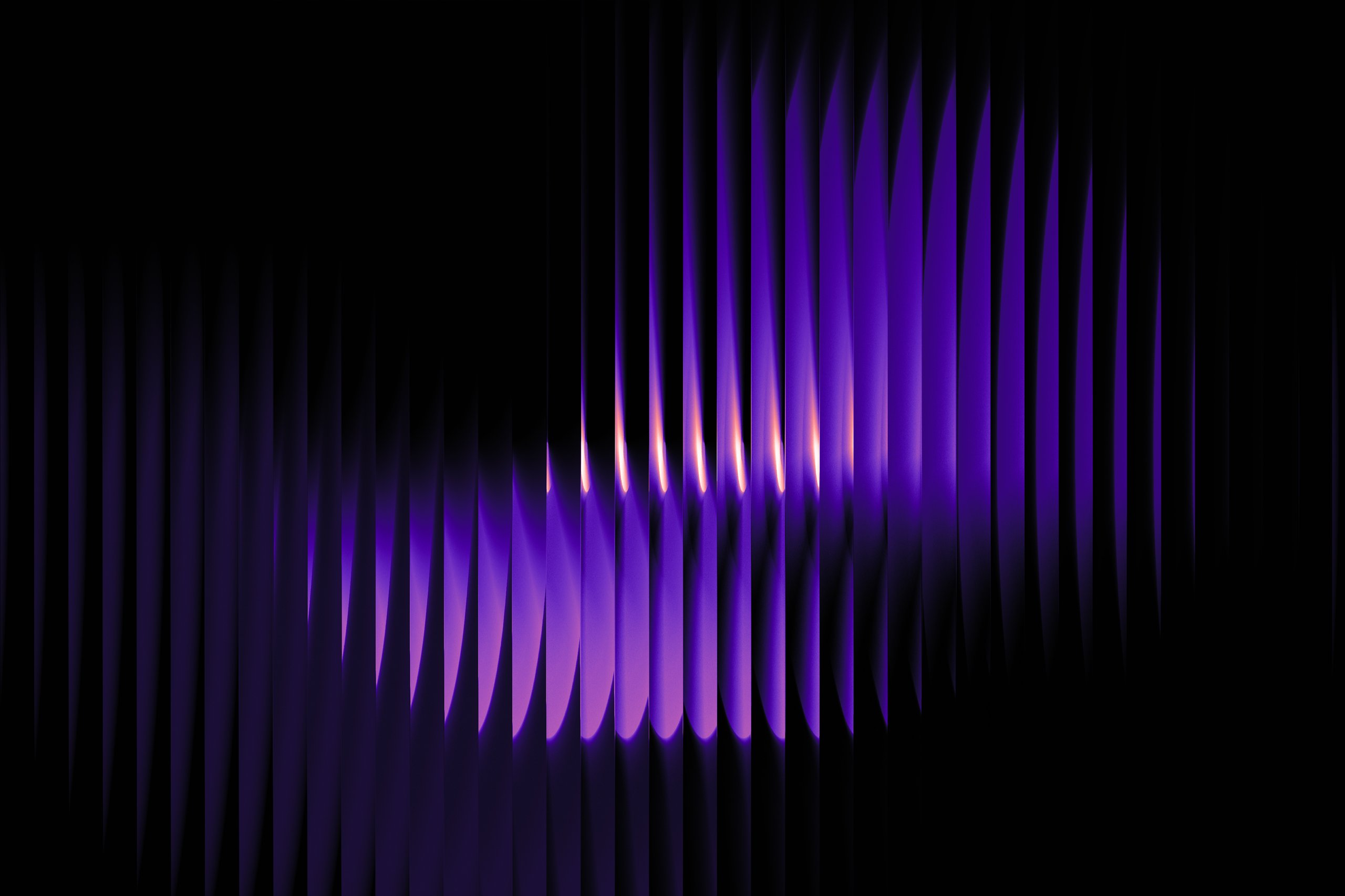Abstract wave pattern of vertical purple and orange light streaks on a black background.