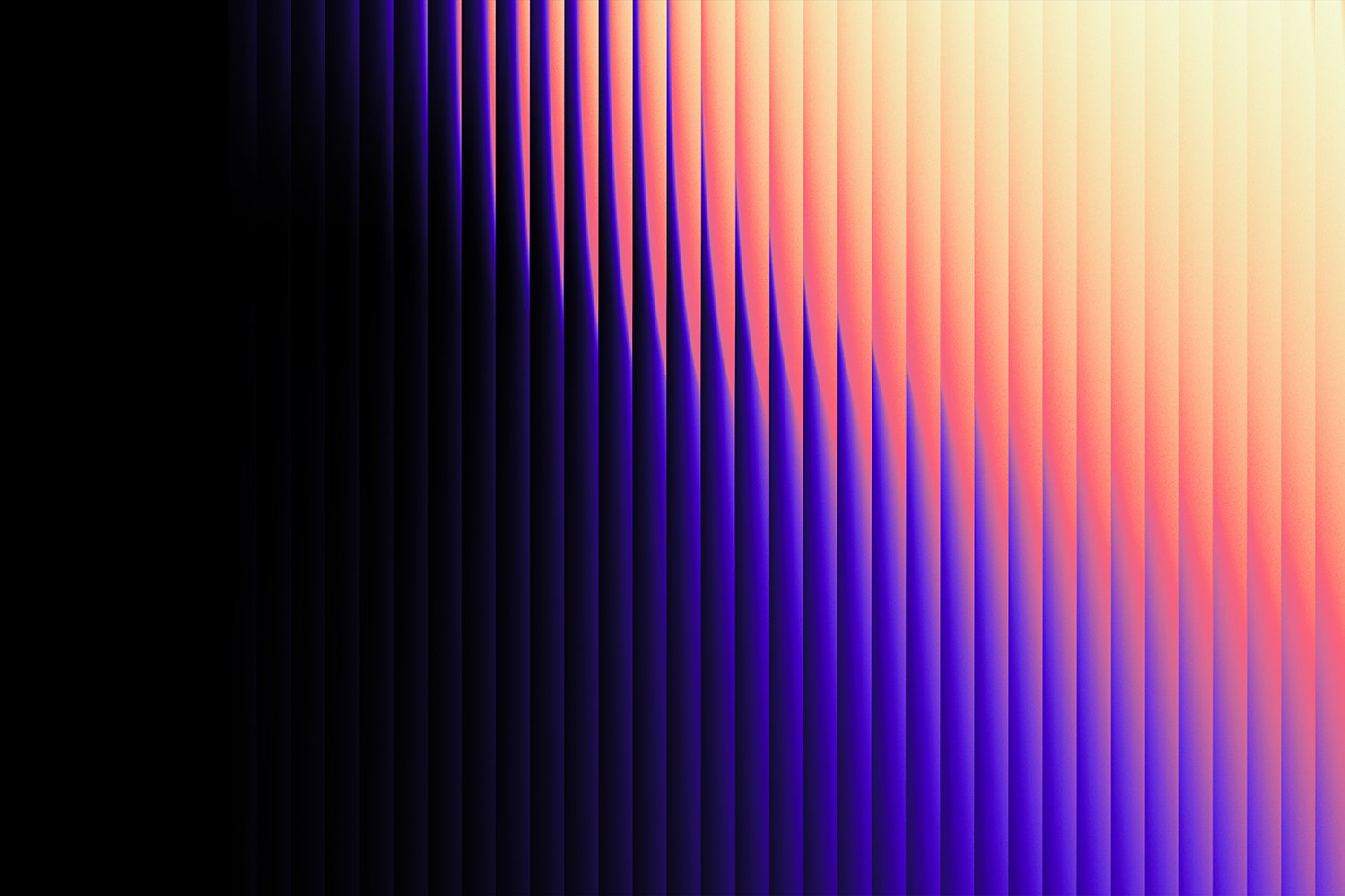 Vertical gradient stripes transitioning from black on the left to blue, pink, and light cream on the right with a wavy interference pattern.