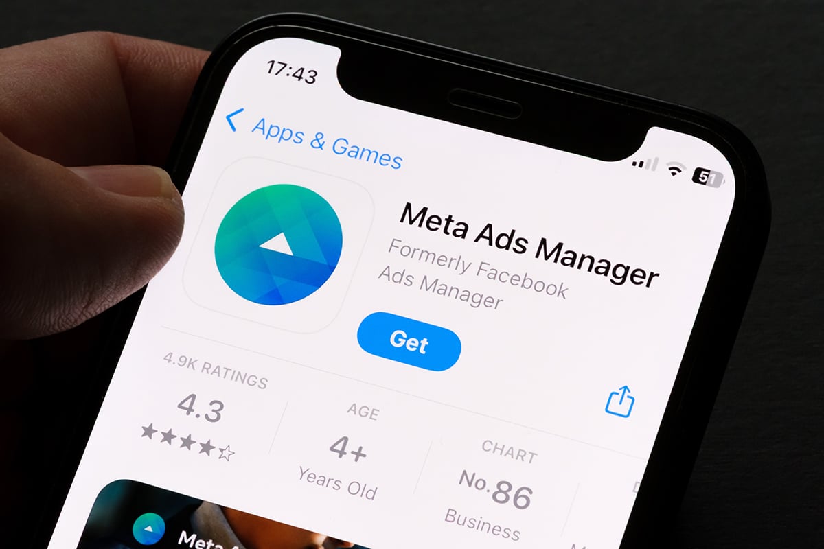 Smartphone screen displaying the Meta Ads Manager app page with a 4.3-star rating and a Get button.