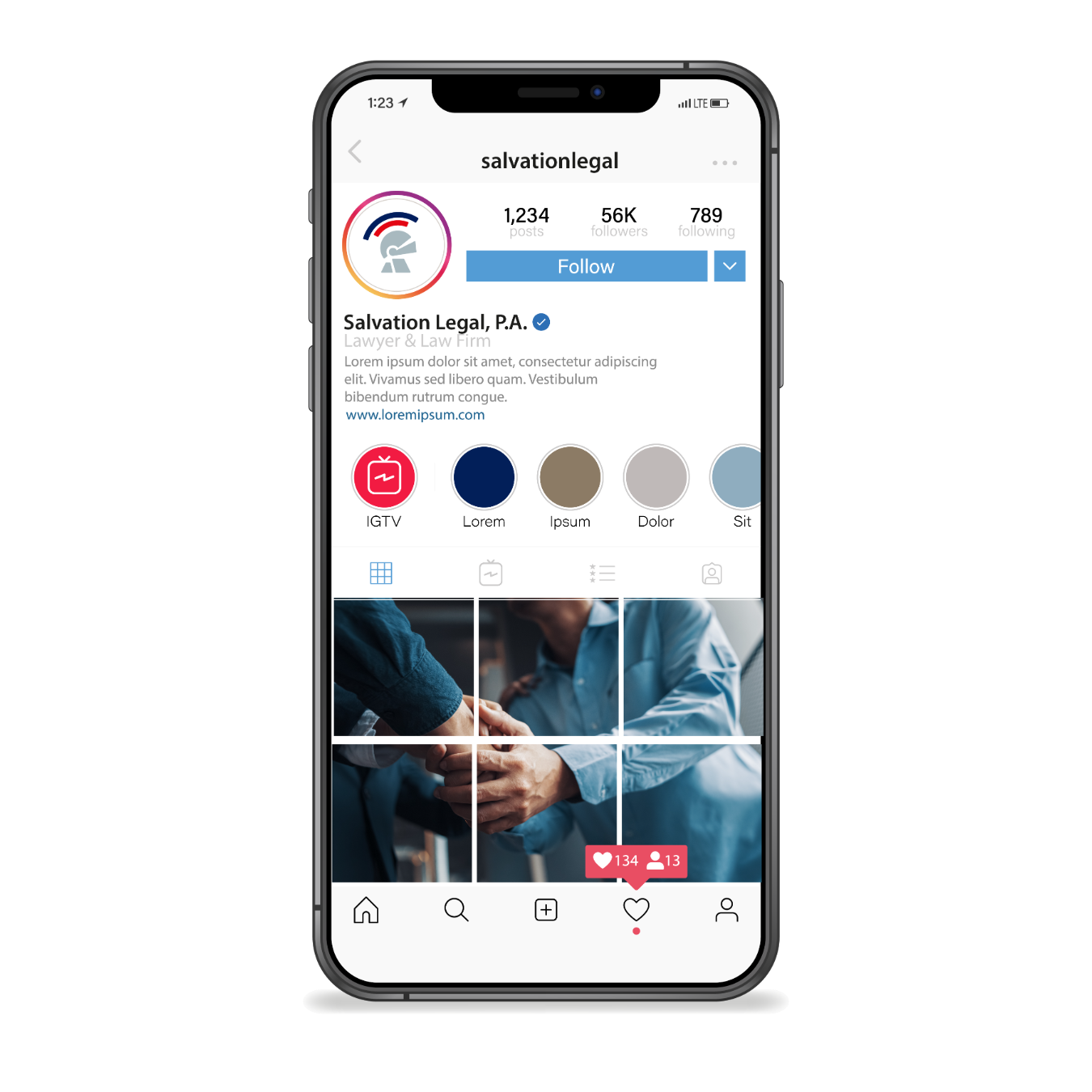 Instagram profile of Salvation Legal, P.A. law firm with 1,234 posts, 56K followers, and 789 following, showing a handshake photo grid.