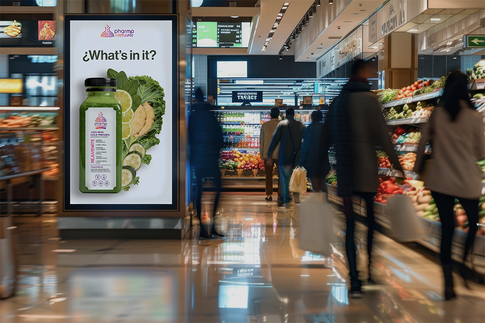 Grocery store aisle with shoppers walking past a large advertisement for a green cold-pressed juice bottle labeled 'pharma rooticals' with fresh vegetables in the background.