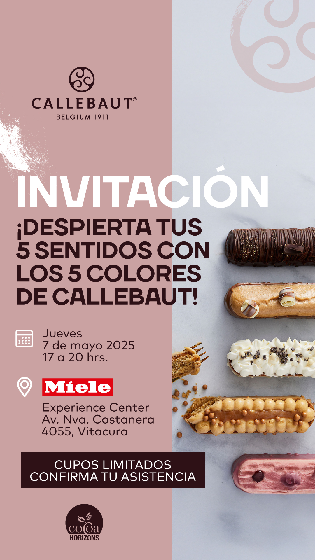 Invitation to a CalleBaut event on May 7, 2025, at Miele Experience Center with five colorful eclairs displayed on the right side.