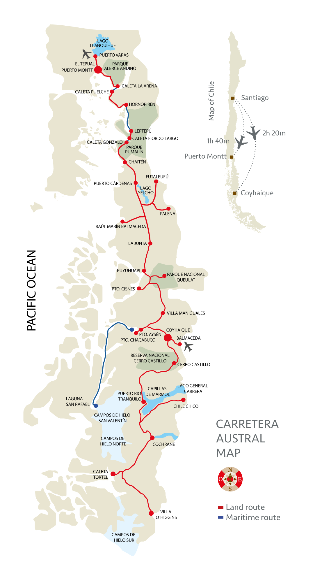 Map of the Carretera Austral in Chile showing land routes in red and maritime routes in blue, with key locations like Puerto Montt, Coyhaique, and Villa O'Higgins, alongside natural landmarks such as Lago Llanquihue and Parque Nacional Queulat.