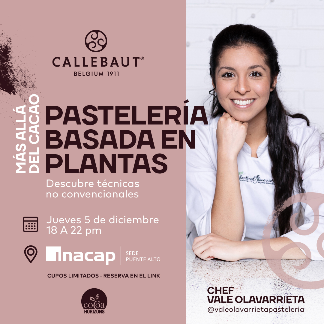 Smiling chef Vale Olavarrieta wearing a white chef coat, resting her head on her hand, next to a promotional text for a plant-based pastry workshop on December 5 at Inacap Puente Alto.