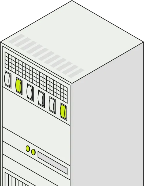 Isometric illustration of a gray computer server tower with green indicator lights and ventilation grilles.