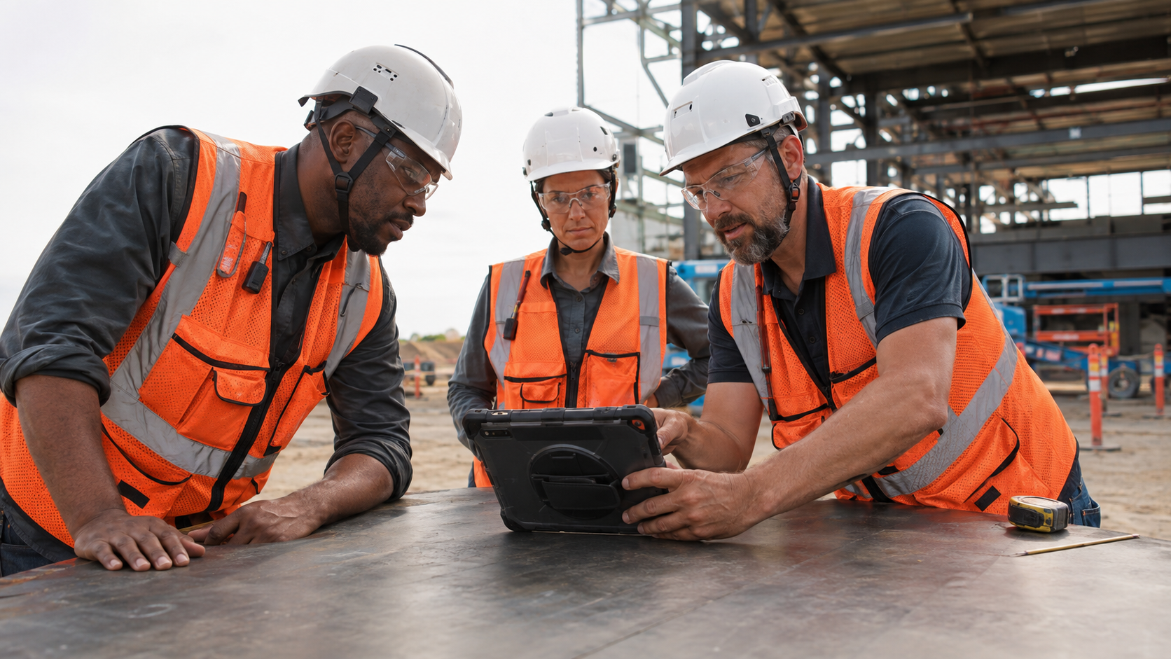 A group of construction workers referencing a BIM model on an iPad