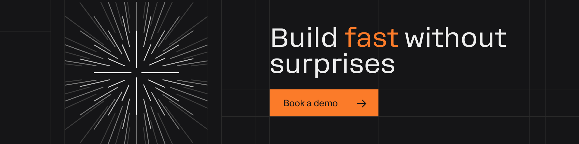 A black banner ad that says "build fast without supriises"