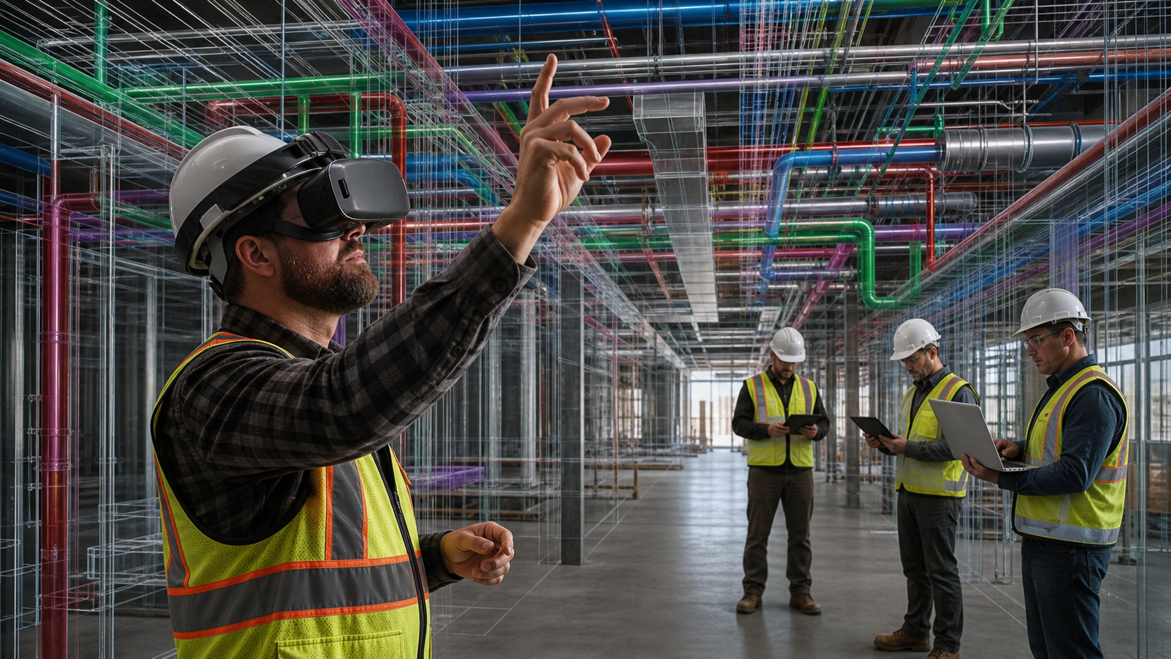 A construction superintendent wearing a VR headset standing inside a detailed digital building model representing a complex MEP corridor with pipes, ducts, and conduit runs at full human scale, other team members visible in the background on tablets and laptops reviewing the same space, industrial construction environment, realistic lighting, no text or labels
