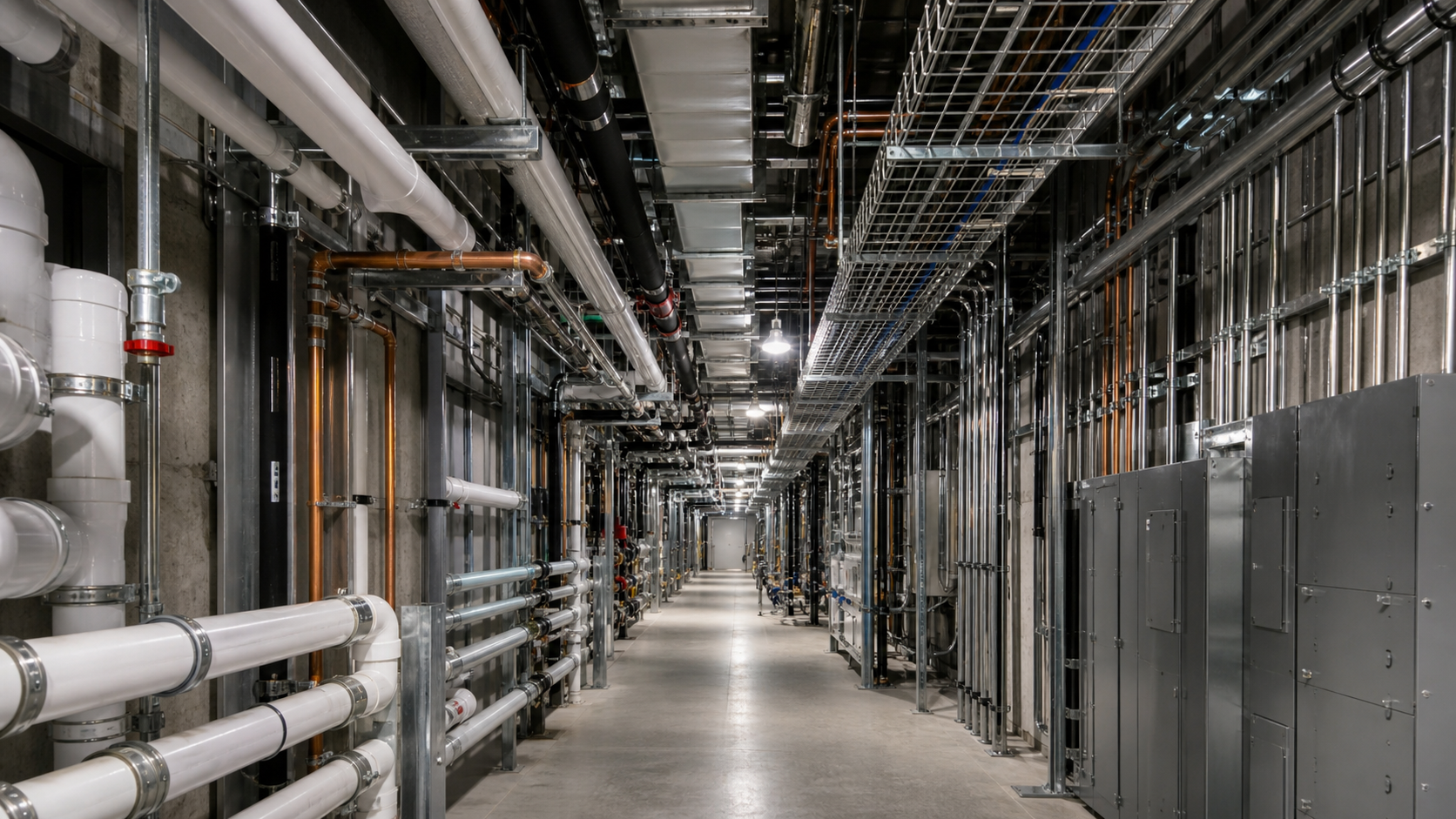 A dense MEP corridor inside a mission-critical construction project such as a data center or hospital, showing tightly packed pipes, electrical conduit runs, HVAC ducts, and cable trays at full human scale, viewed from a standing eye-level perspective, industrial lighting, no workers present, highly detailed mechanical and electrical infrastructure, realistic construction environment
