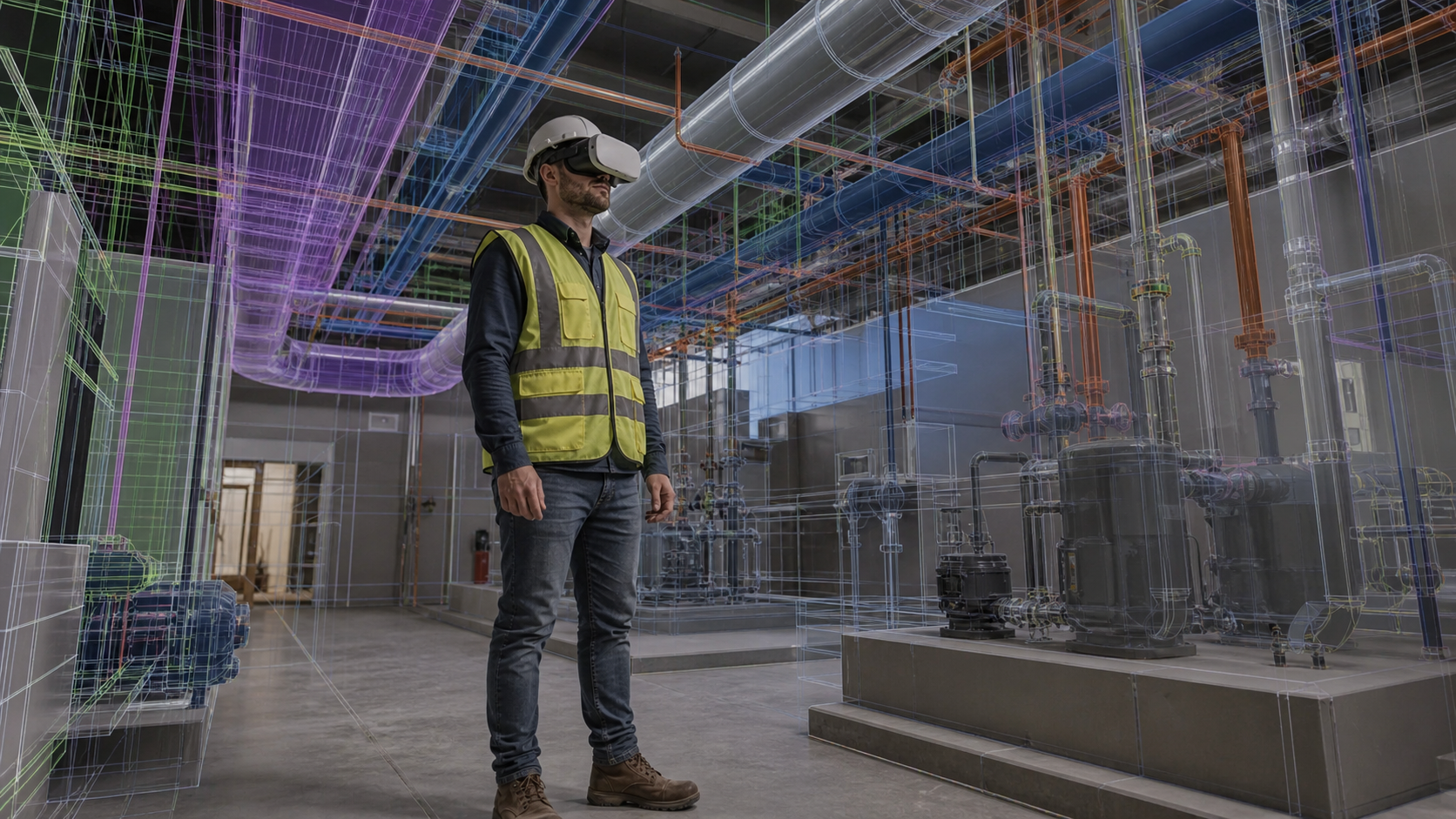 A construction superintendent wearing a wireless VR headset standing inside a detailed 3D building information model of a mechanical room, surrounded by visible ductwork, pipes, and structural elements at full human scale, photorealistic construction site environment, professional lighting, no text