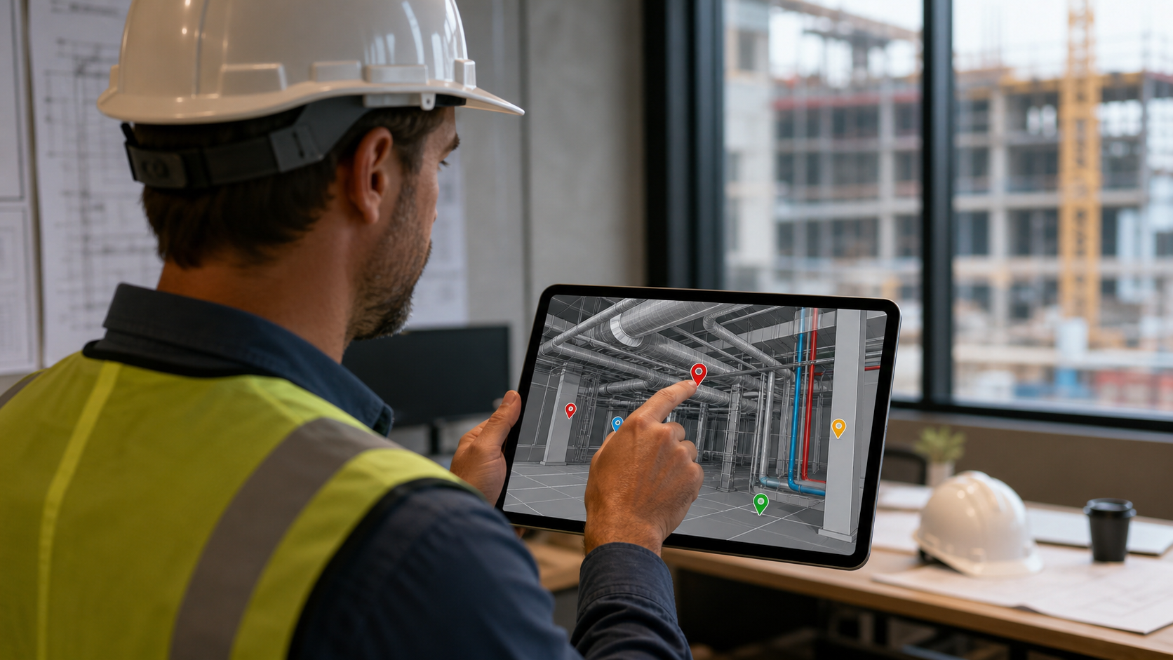 A construction professional using a tablet to pin a digital annotation marker onto a 3D building information model displayed on screen, showing mechanical room with pipes and ductwork, issue tracking interface with colored location pins visible on the model, modern construction site office environment, professional lighting, no text or words