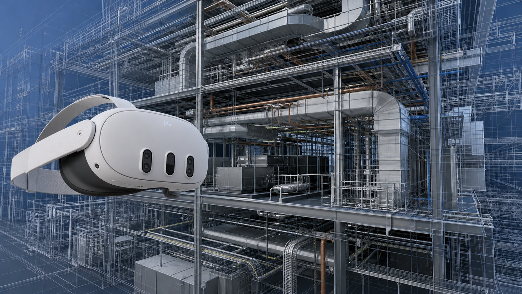 A wireless VR headset floating in front of a dense, complex industrial building model rendered in three-dimensional geometry, showing structural steel, ductwork, piping, and cable trays layered across multiple mechanical floors, rendered in a cool blue and gray technical visualization style, no text, no labels, no words