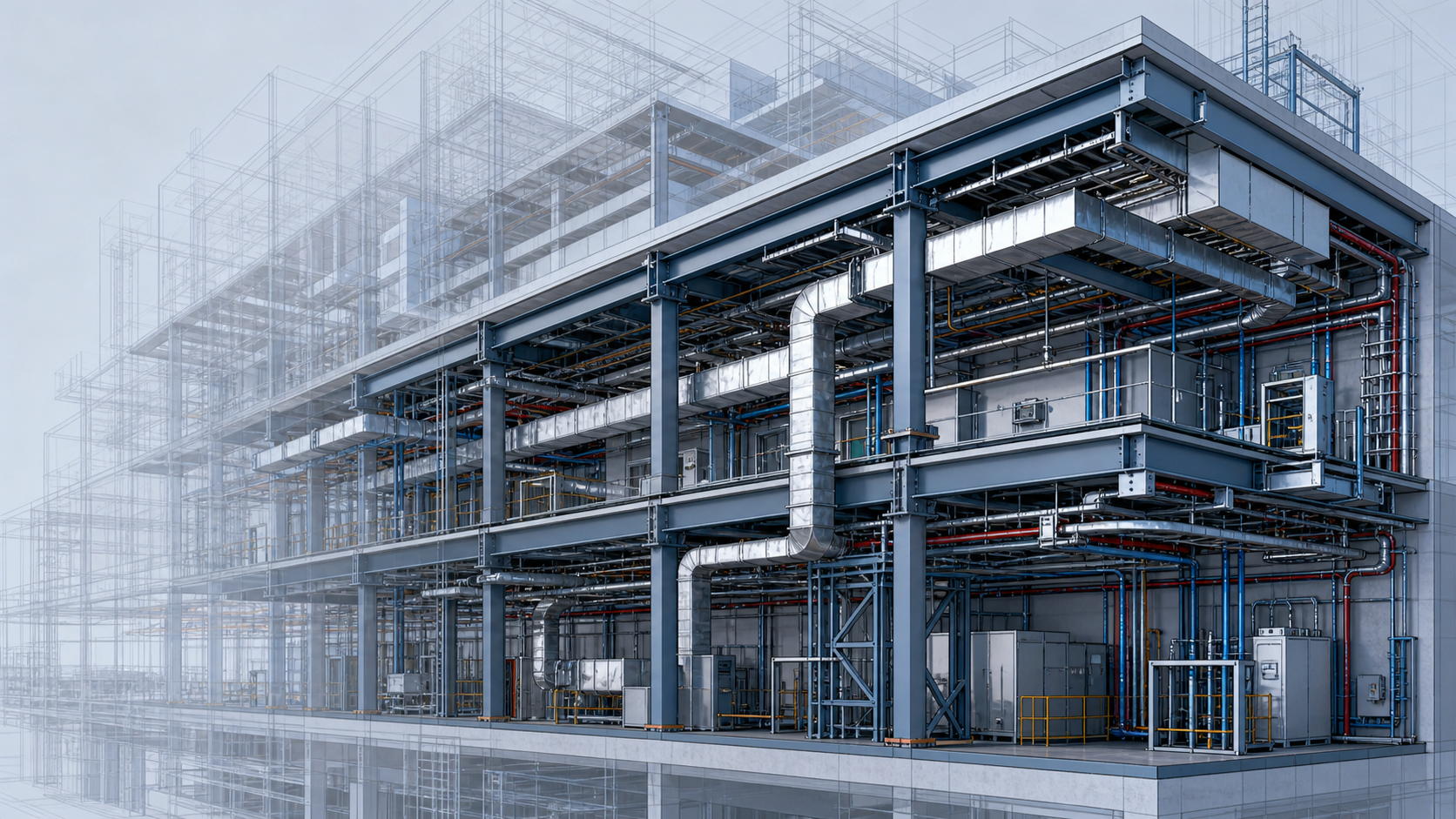 A cutaway cross-section view of a complex industrial building interior rendered in three-dimensional BIM geometry, showing structural steel beams, ductwork, piping, and cable trays on multiple floors, with some geometry elements faded or transparent in the background to illustrate occlusion culling, while foreground elements appear in sharp detail with full polygon resolution, cool blue and gray technical visualization style, no text, no labels, no words