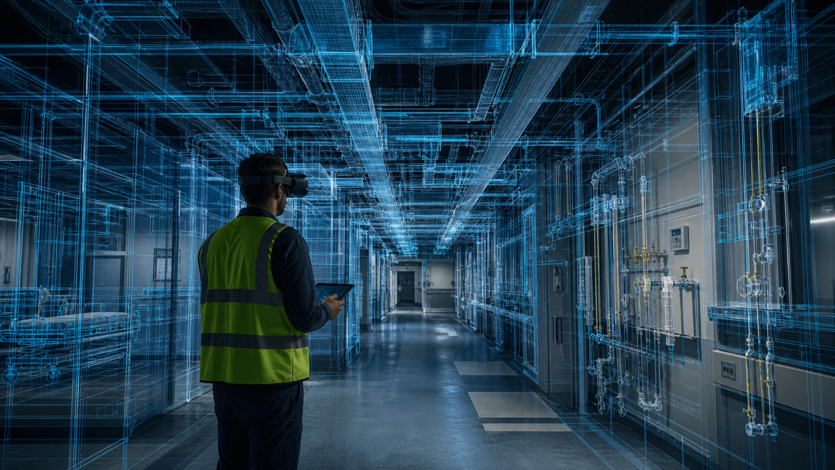 A construction professional wearing a VR headset standing inside a detailed hospital corridor, surrounded by complex MEP systems including medical gas lines, electrical conduit, and mechanical ductwork visible through the walls and ceiling, rendered as a semi-transparent 3D BIM model overlay, blue and cyan wireframe lines on a dark background, futuristic construction coordination atmosphere, no people in the background, cinematic lighting