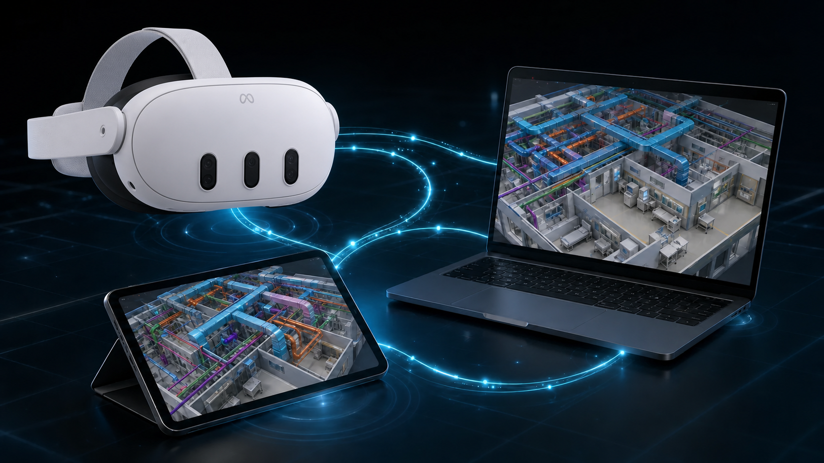 A wireless VR headset floating in the foreground, a tablet and laptop arranged beside it, all three devices displaying the same detailed 3D architectural floor plan of a hospital MEP system with ductwork, pipes, and conduit, connected by glowing digital sync lines between the devices, dark background with blue and teal accent lighting, isometric perspective, futuristic construction coordination concept, no text or labels