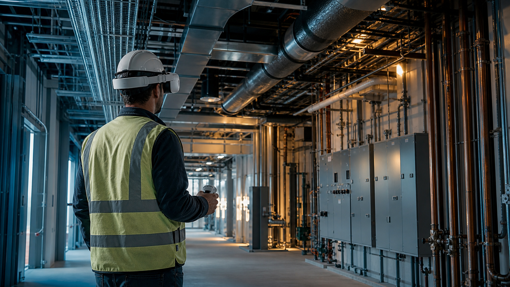 A facilities manager wearing a wireless VR headset standing inside a large modern building under construction, surrounded by complex mechanical systems including HVAC ducts, electrical panels, and plumbing pipes, examining spatial clearances and equipment access routes, dramatic architectural interior with soft blue and amber lighting, photorealistic style