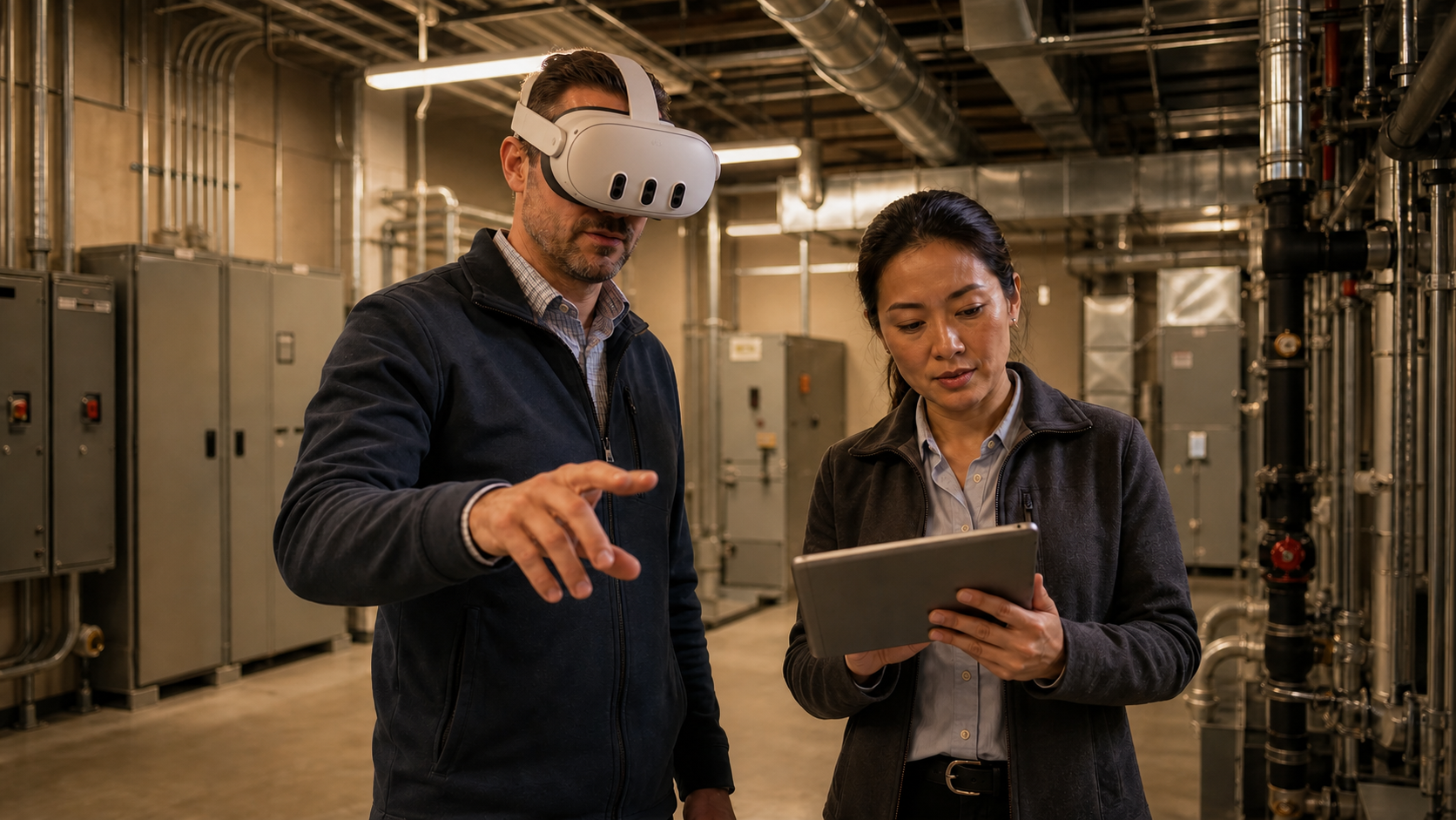 A construction owner and facilities manager standing in a modern mechanical room, one person wearing a wireless VR headset and another viewing a tablet, both reviewing spatial layouts of HVAC equipment, pipes, and electrical panels, warm industrial lighting, photorealistic style, no text or labels