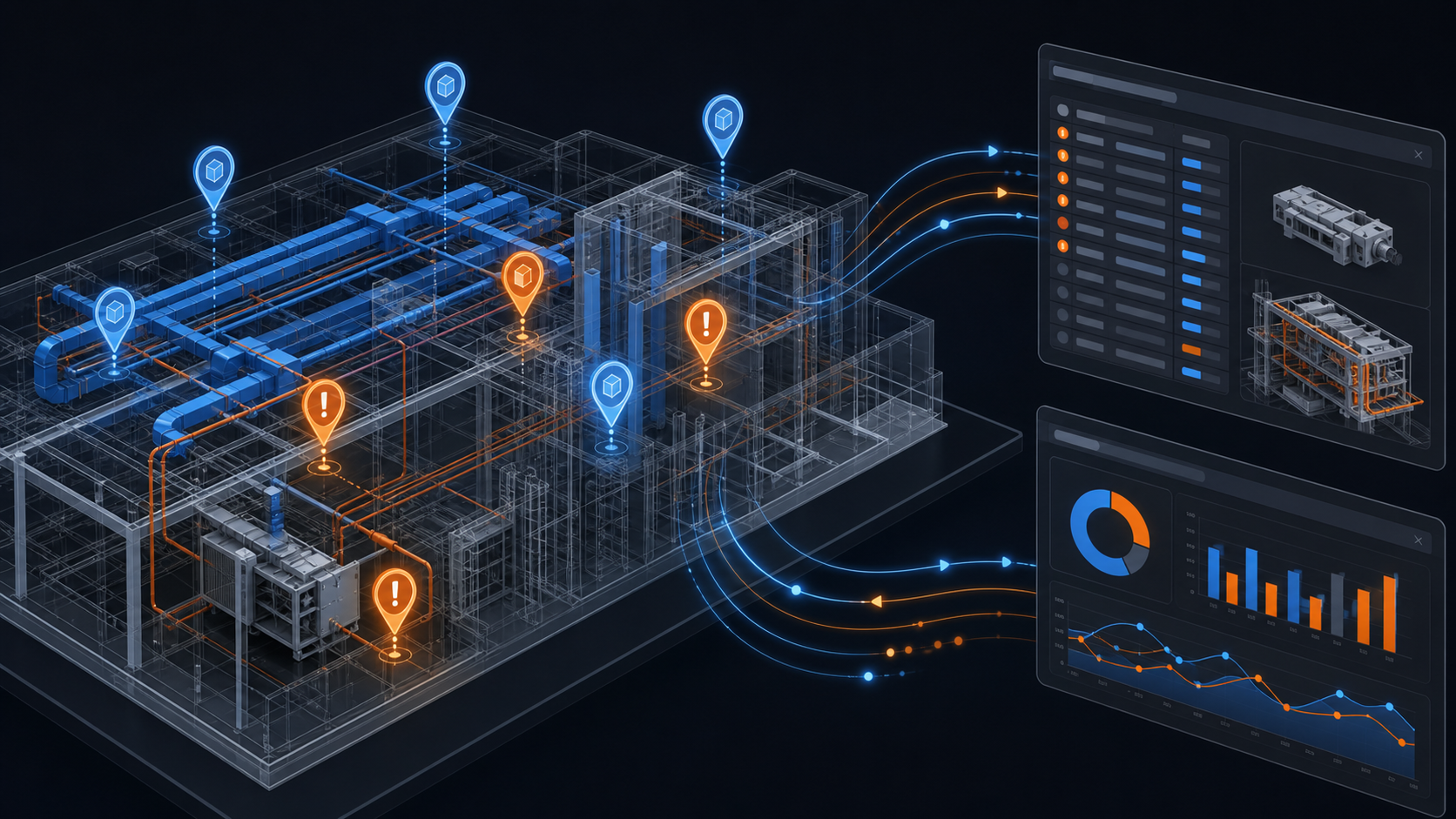 A construction coordination workflow scene showing a digital building model with glowing annotation pins and issue markers floating above mechanical and structural systems, connected by smooth lines to project management dashboard panels on the right, depicting two-way data synchronization between a 3D BIM environment and issue tracking software, modern dark interface, blue and orange accent colors, isometric perspective, no text or labels