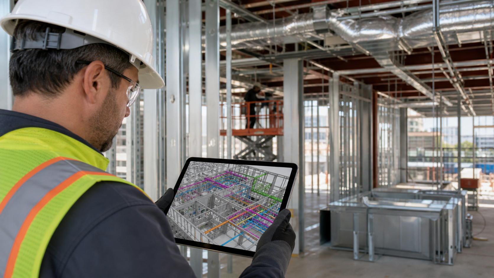 A construction worker in a hard hat and safety vest holding a tablet on an active job site, reviewing a detailed 3D building model with MEP systems visible on the screen, industrial construction environment in the background with steel framing and mechanical systems, natural daylight, photorealistic style