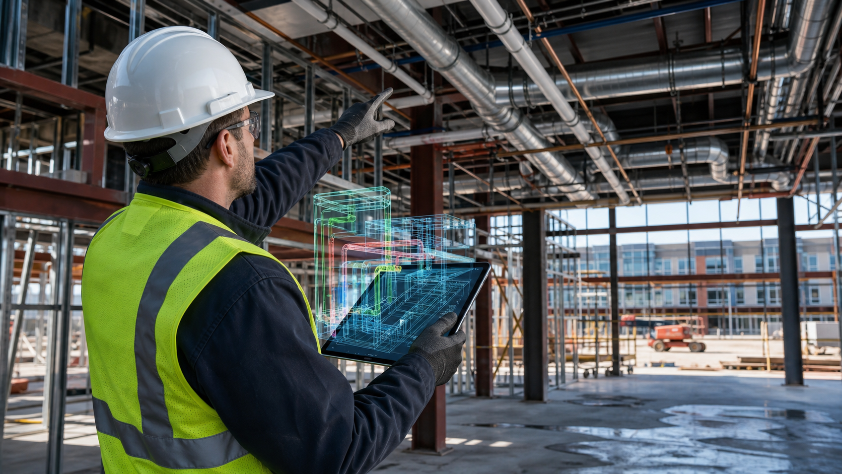 A construction worker in a hard hat and high-visibility vest standing on an active job site, holding a tablet and pointing at a mechanical pipe installation overhead, with a glowing 3D holographic overlay of the BIM model visible on the tablet screen showing MEP systems, industrial construction environment with steel framing and ductwork in the background, natural daylight, cinematic photorealistic style, no text or labels