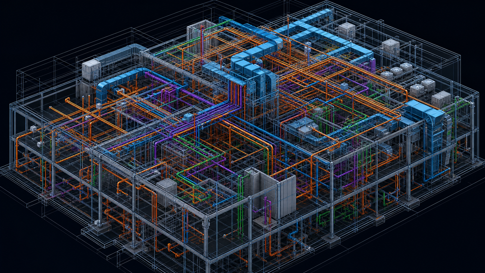 A detailed 3D digital building model showing overlapping mechanical, electrical, and plumbing systems inside a construction project, with colorful pipes, conduits, ducts, and structural elements in a federated coordination view, isometric perspective, dark background with glowing blue and orange wireframe lines, technical and precise engineering visualization