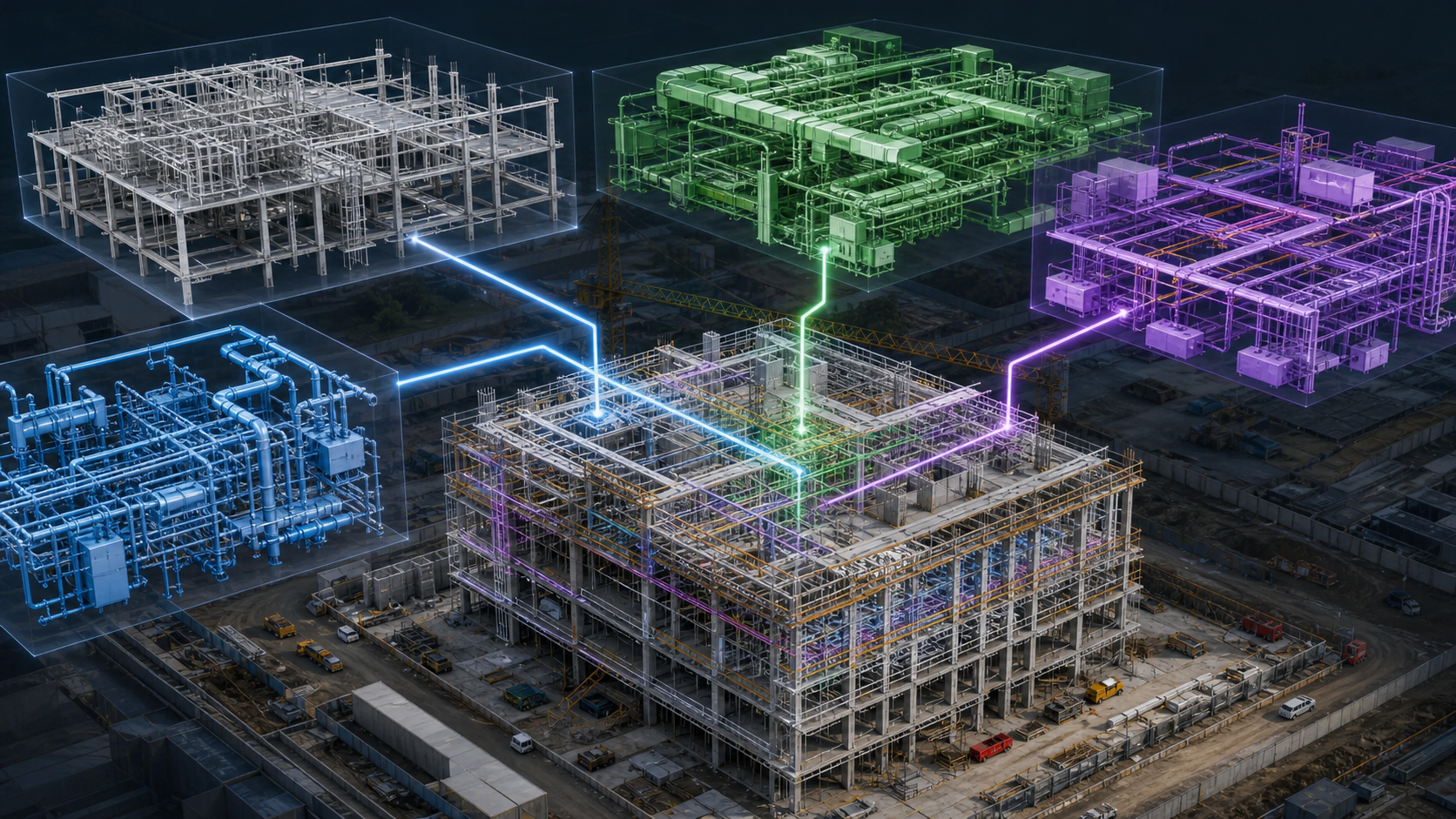 A large construction project coordination scene showing multiple translucent 3D building model layers floating above a construction site, representing structural, mechanical, electrical, and plumbing discipline models being federated together into a single unified view, with glowing connection lines linking the separate model layers, modern isometric perspective, professional technical visualization style, no text or labels